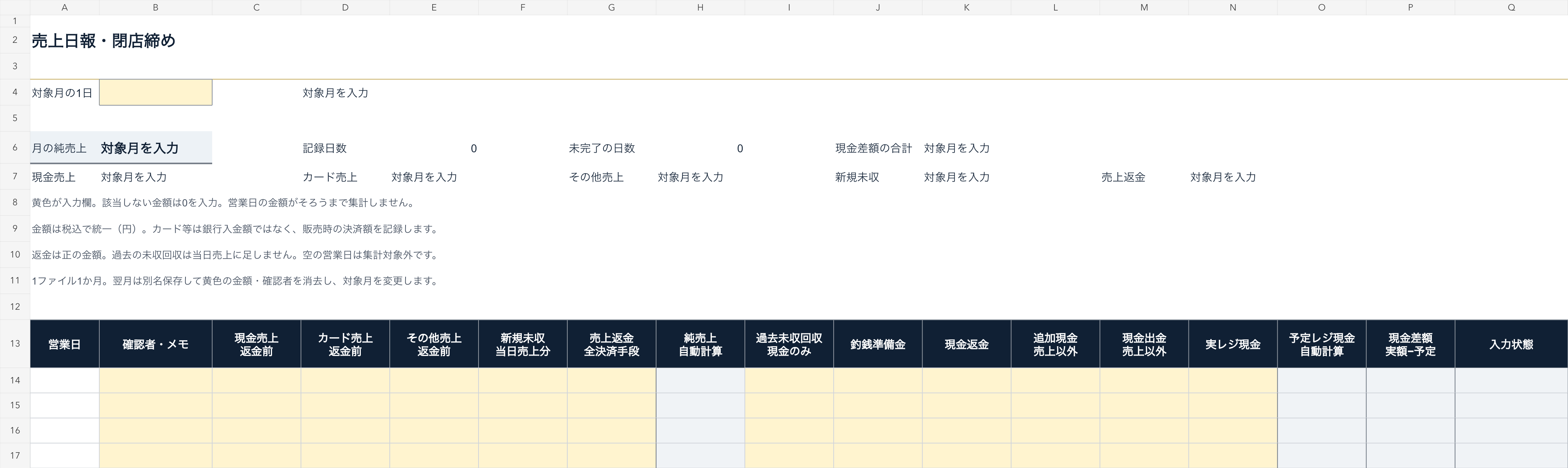配布する状態の売上日報。黄色の入力欄と、純売上・予定レジ現金・現金差額などの計算欄の見出し