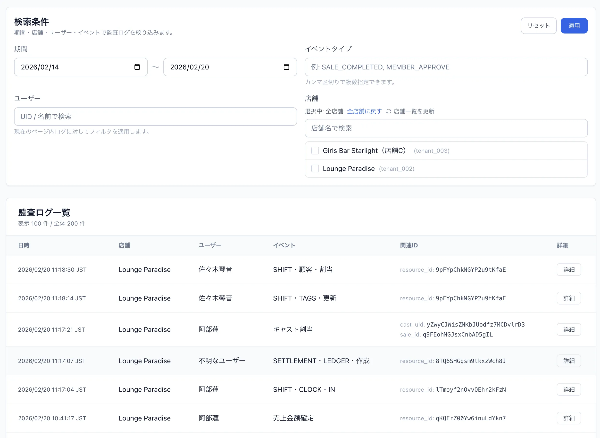 CastLive（キャストライブ） の 監査ログ 画面