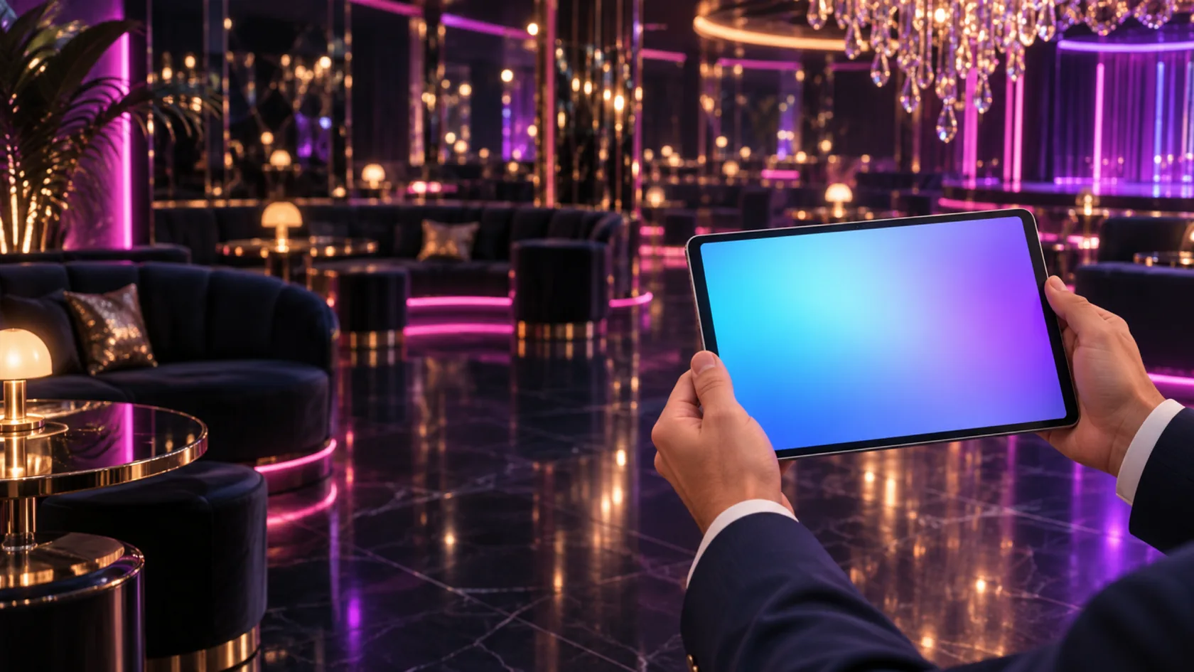 フロアの端でタブレットを持つ店長の手元(架空のイラスト)