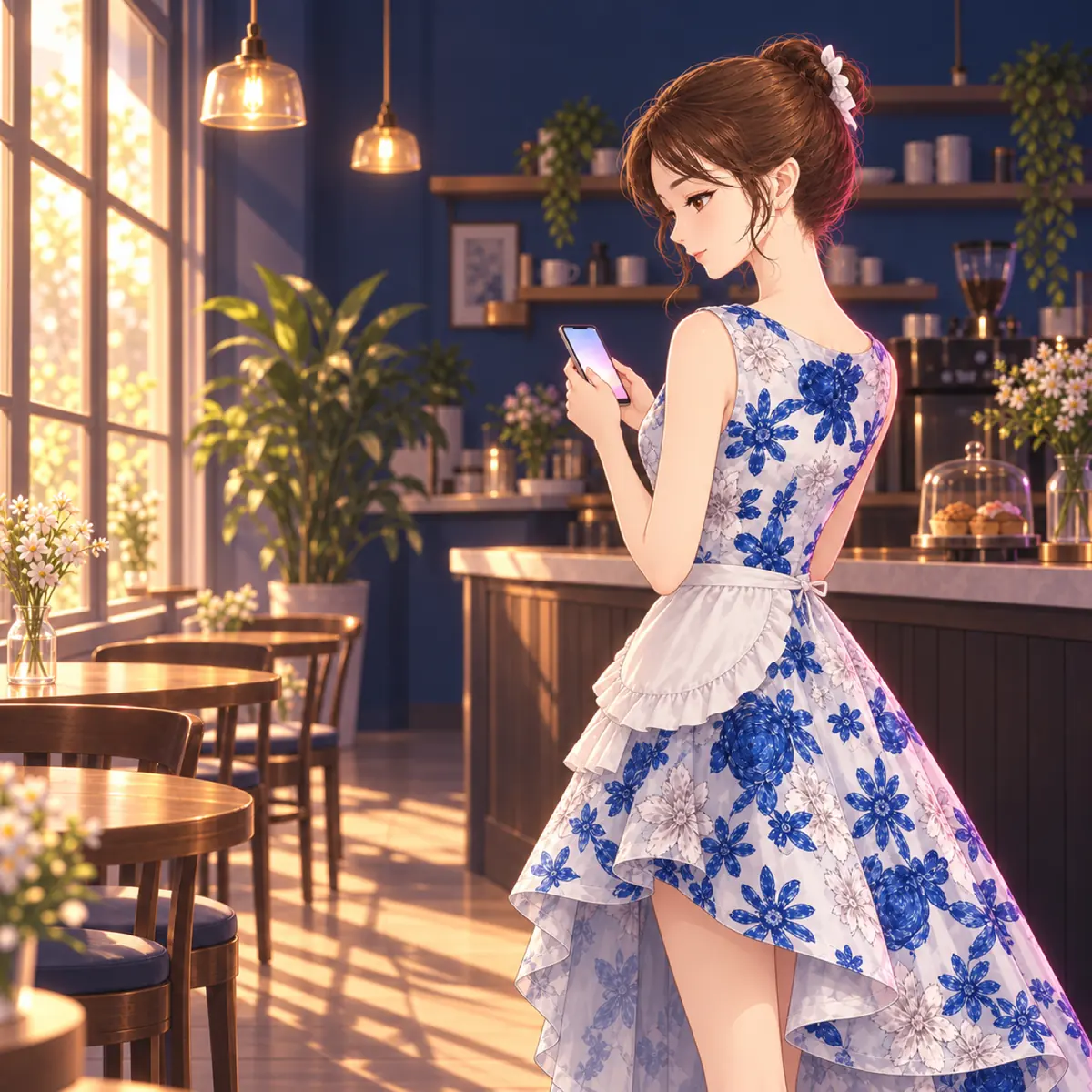 開店前の店内で、キャストがスマホでシフトを確認している(架空のイラスト)