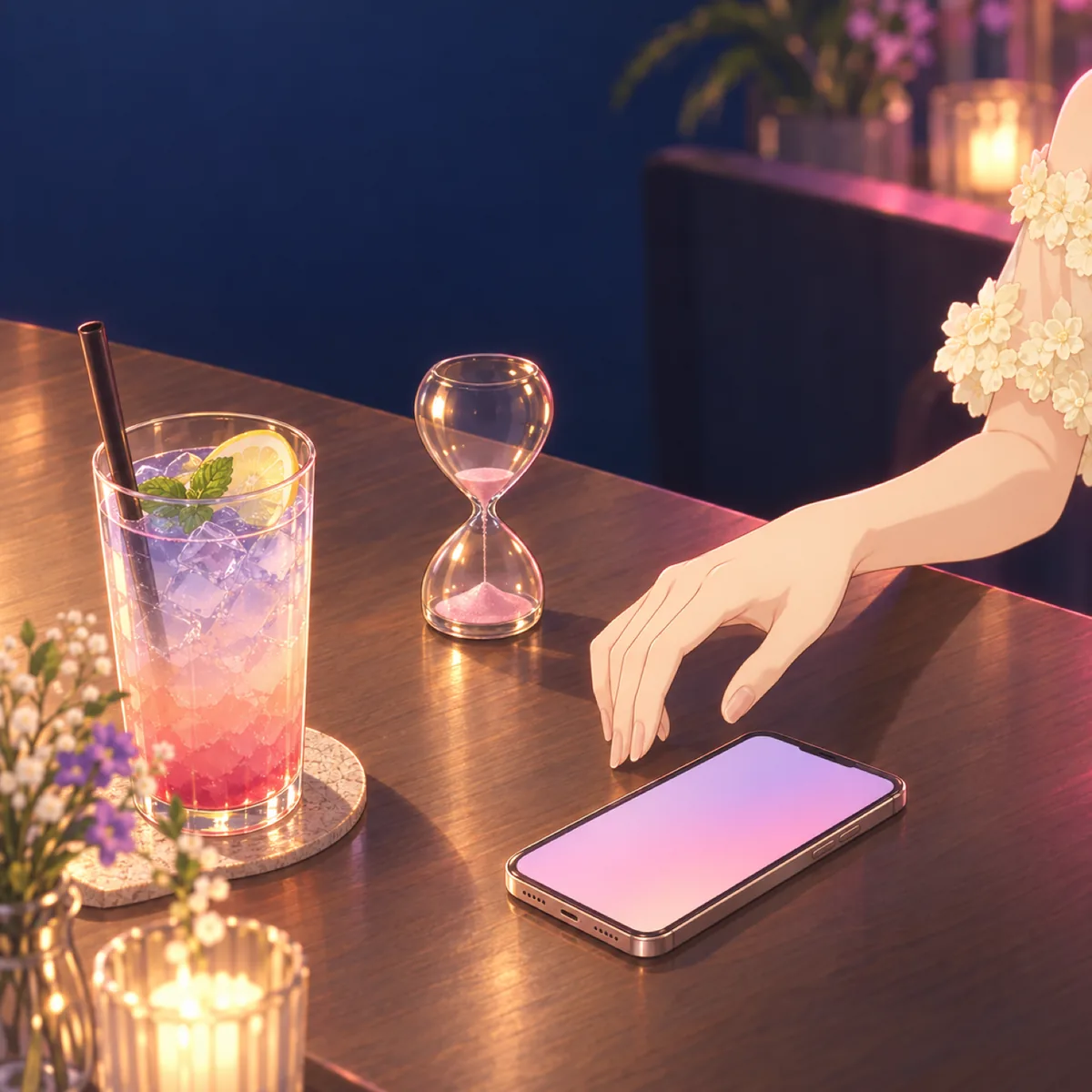 テーブルの砂時計と、通知が光るスマホに伸びる手(架空のイラスト)