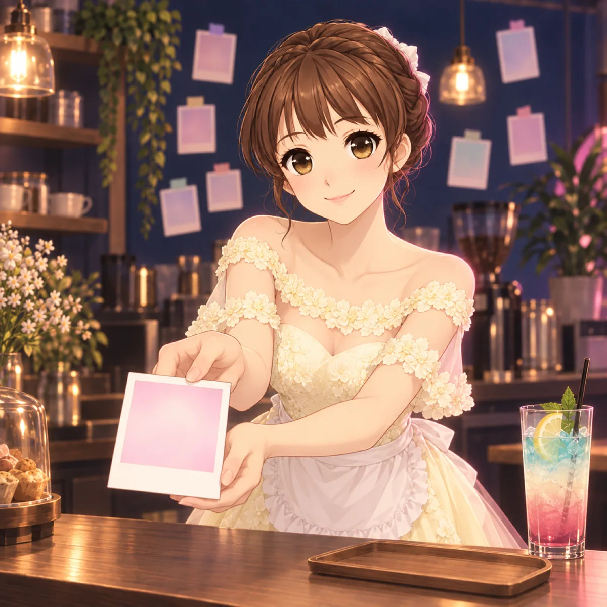 カウンター越しにキャストがチェキを手渡している(架空のイラスト)