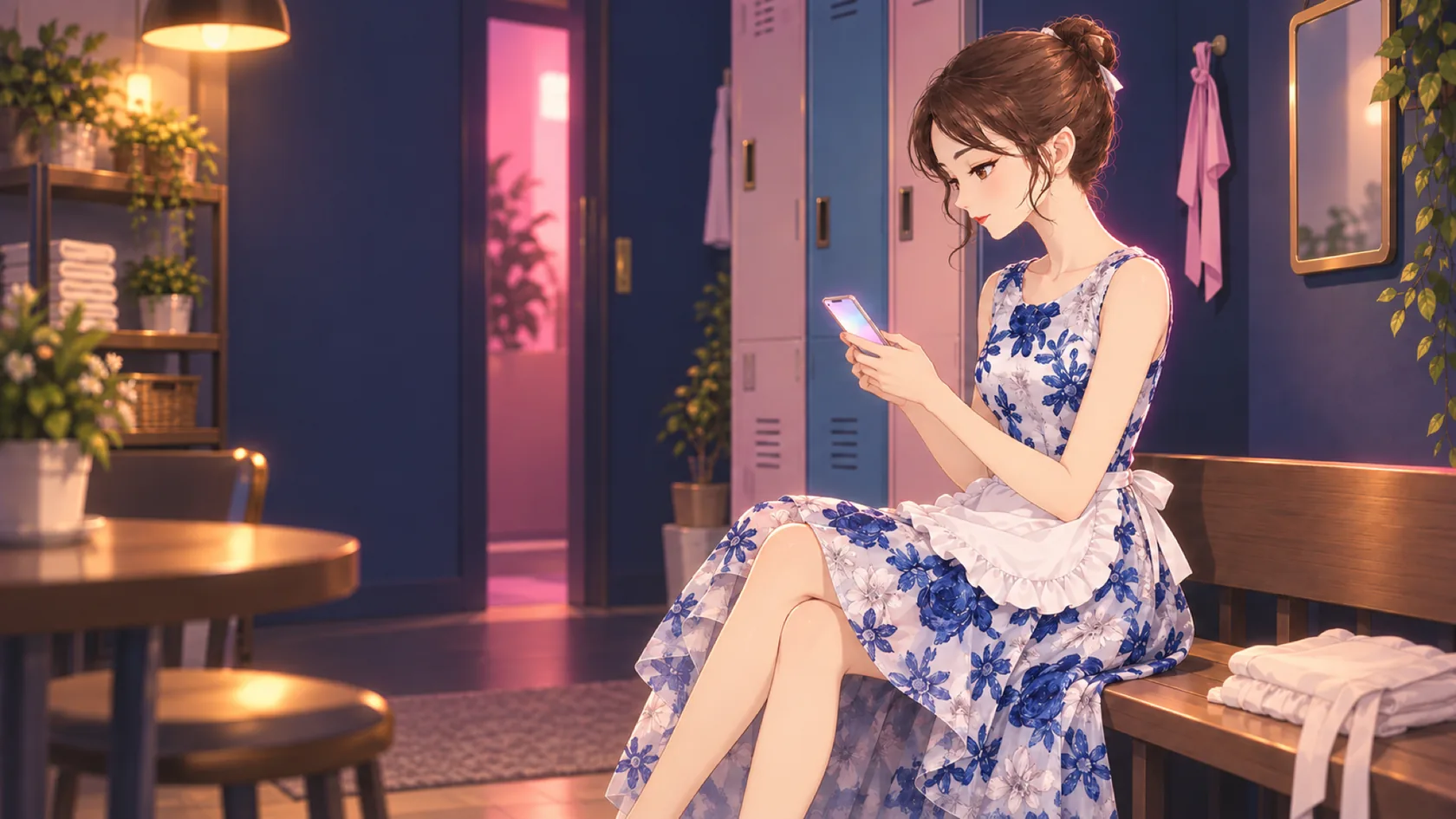 休憩室でキャストがスマホを見ている横顔(架空のイラスト)