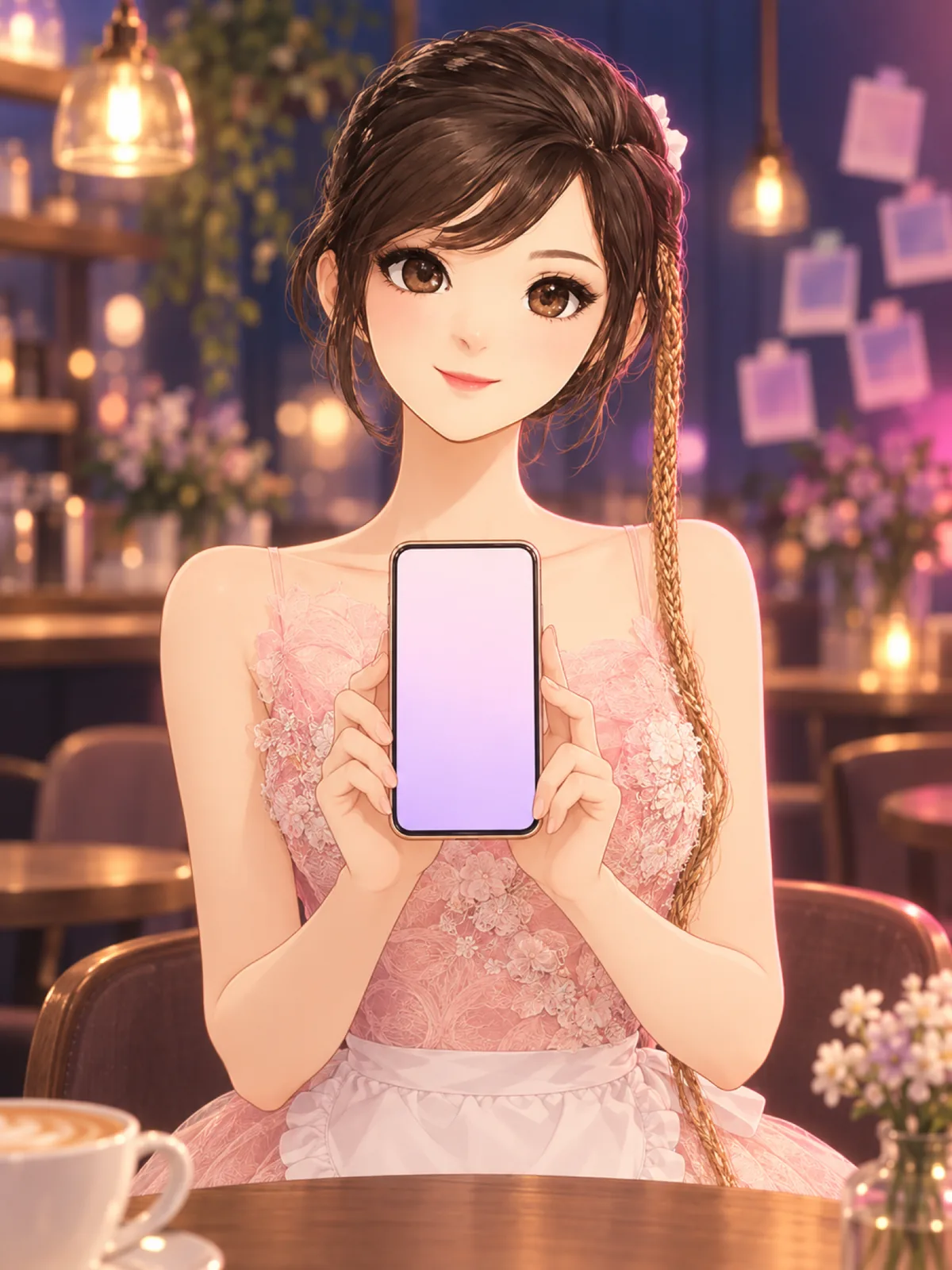 キャストがスマホを持って正面を向いている(架空のイラスト)