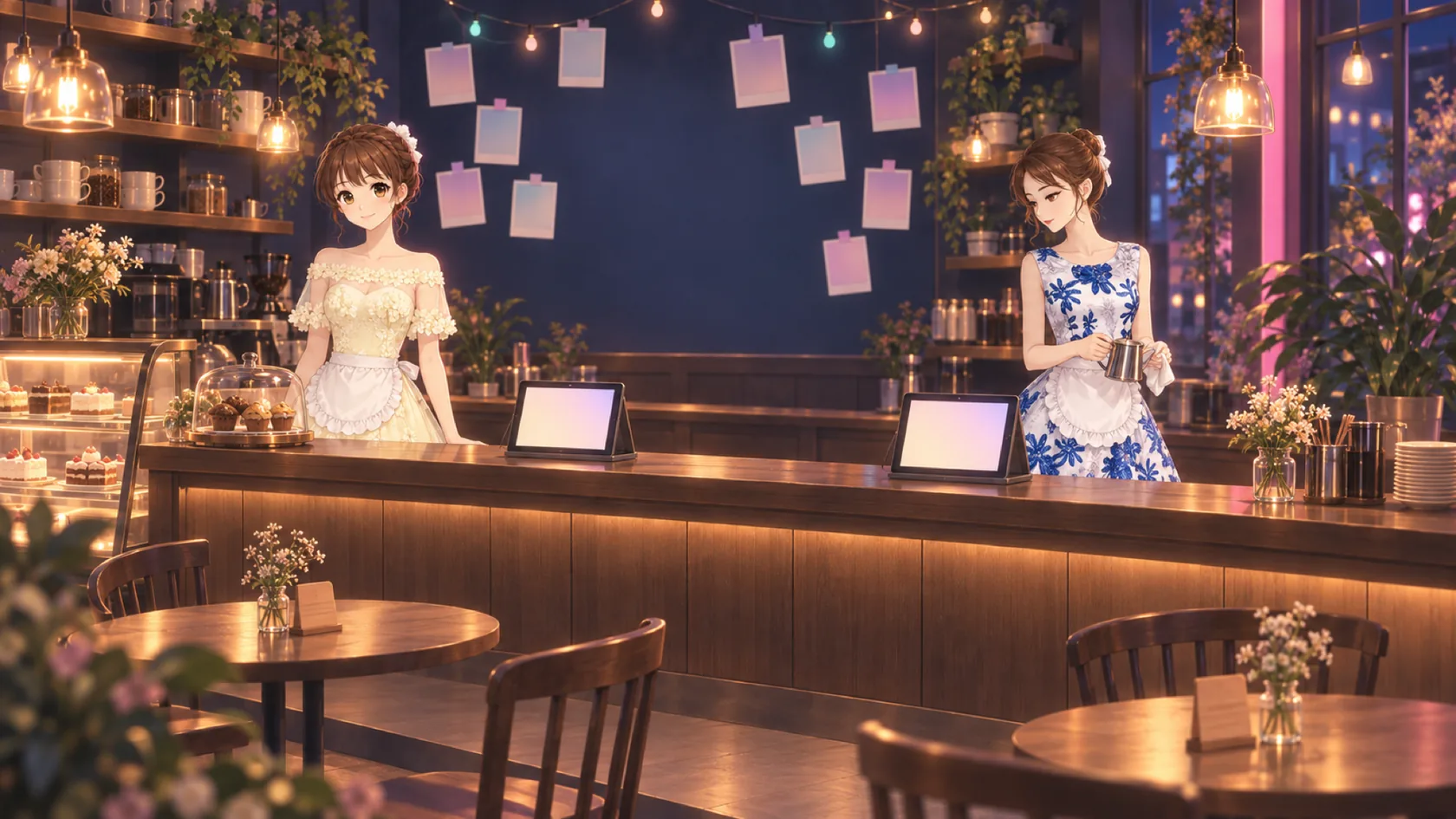 架空のコンカフェ店内の全景と2人のキャスト（架空のイラスト）