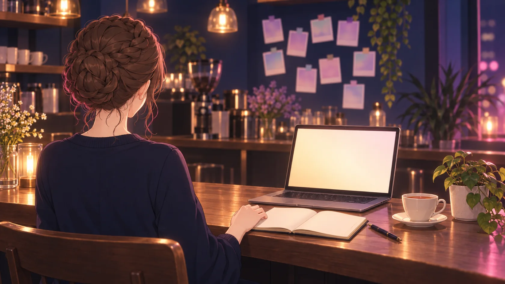 閉店後のカウンターでオーナーがノートPCに向かい、オンライン相談をしている(架空のイラスト)