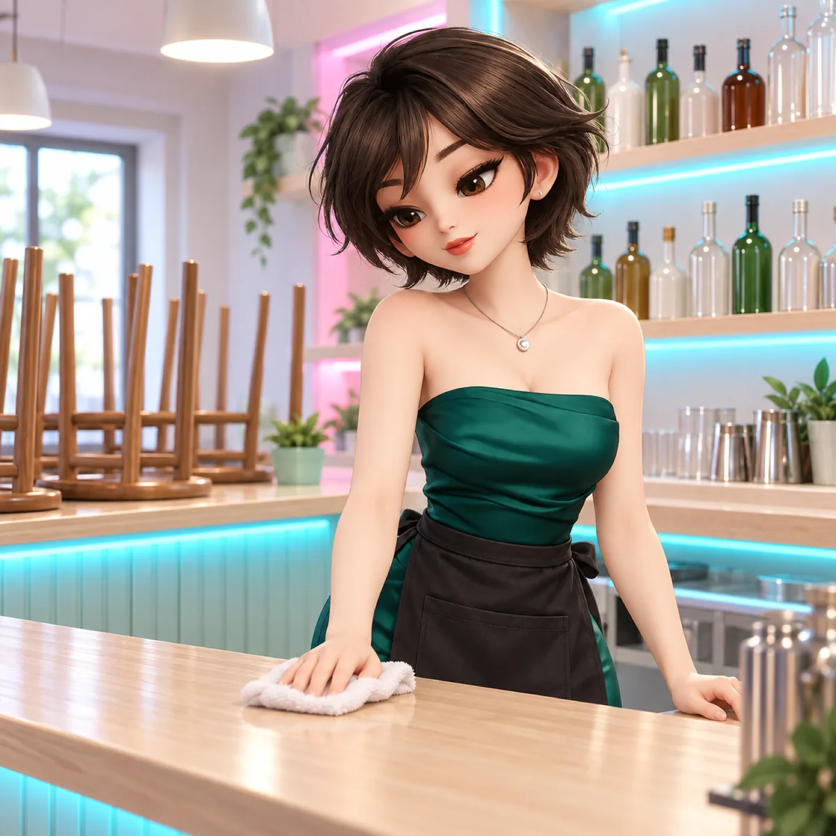 開店前の店内で、キャストがスマホでシフトを確認している(架空のイラスト)