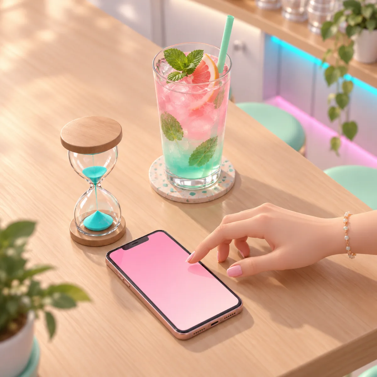 テーブルの砂時計と、通知が光るスマホに伸びる手(架空のイラスト)