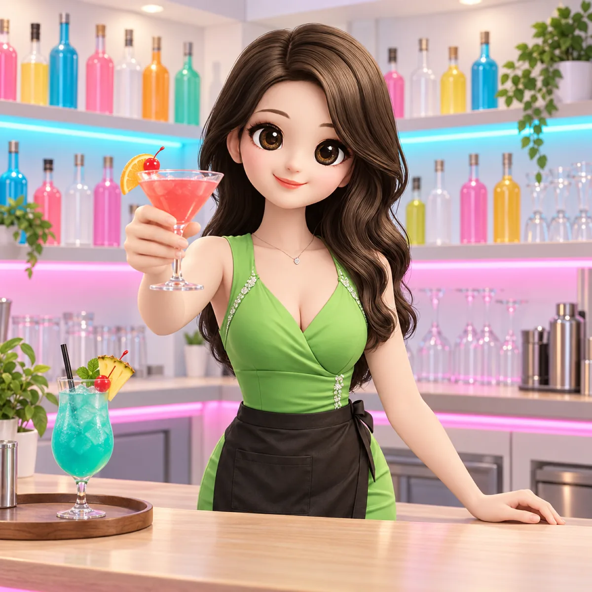 カウンター越しにキャストがドリンクを差し出している(架空のイラスト)