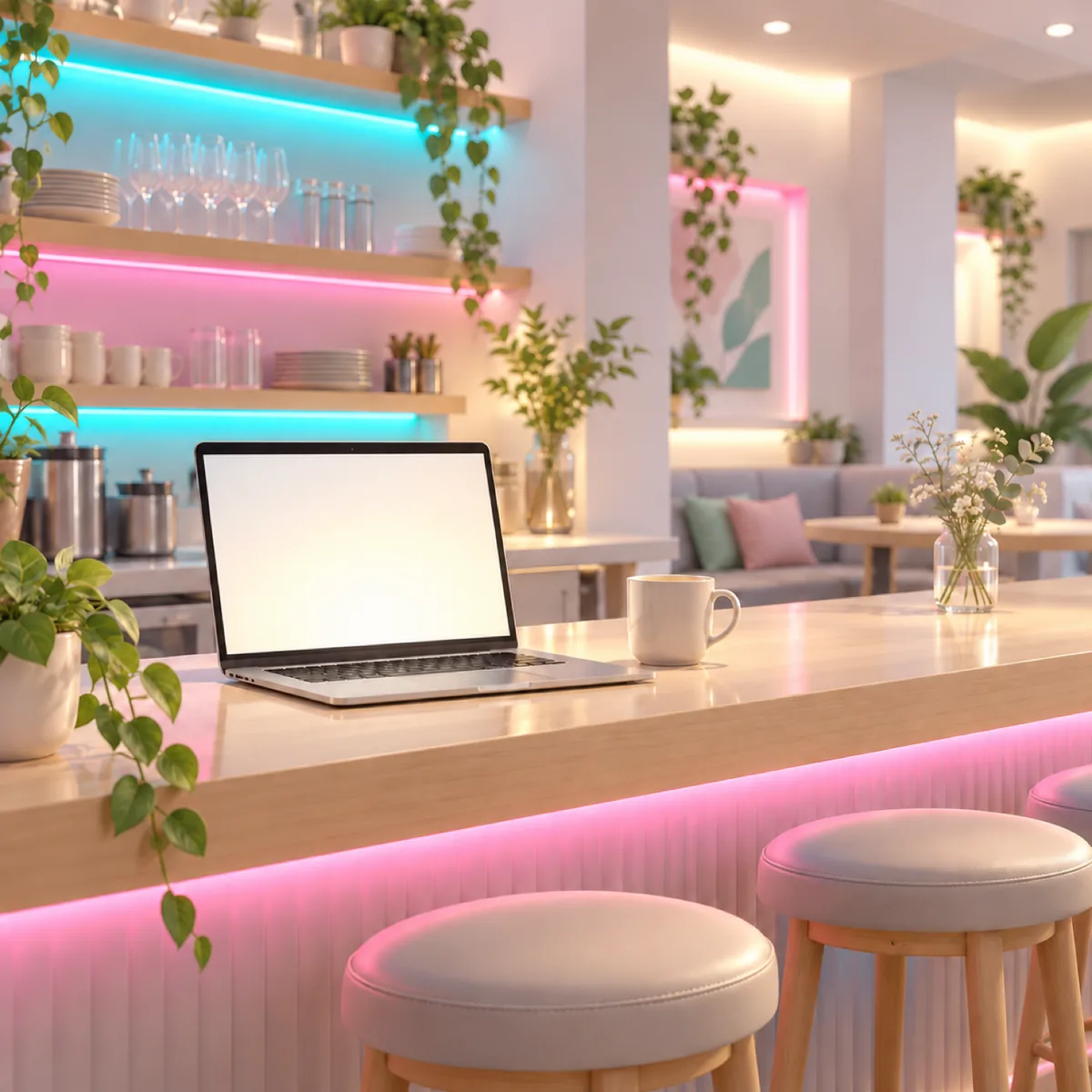 閉店後、ノートPCの灯りだけが残る店内(架空のイラスト)