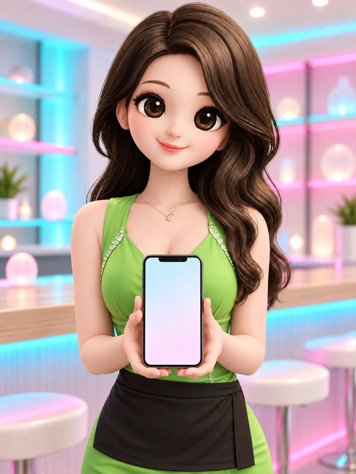 キャストがスマホを持って正面を向いている(架空のイラスト)