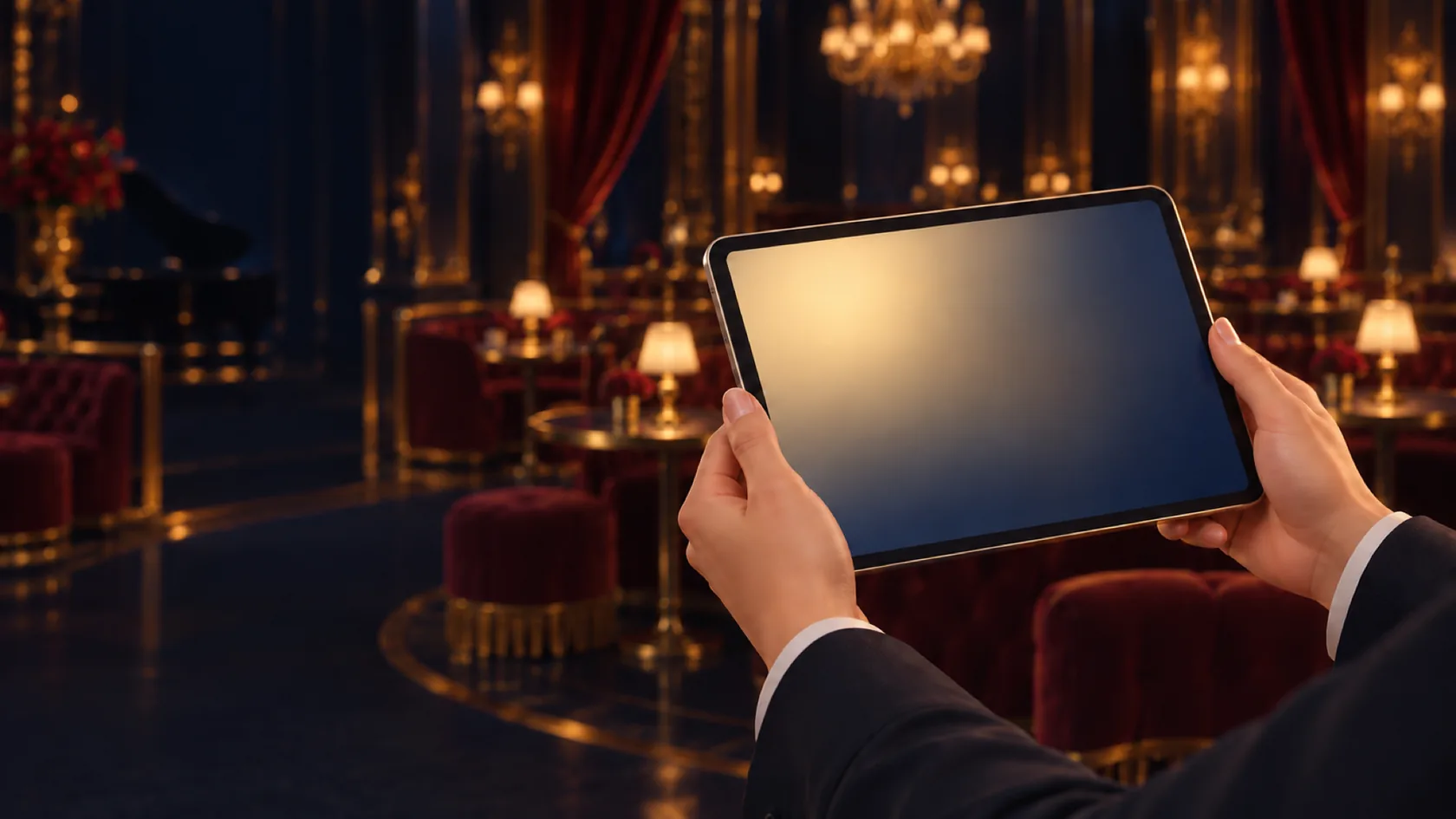 フロアの端でタブレットを持つ店長の手元(架空のイラスト)