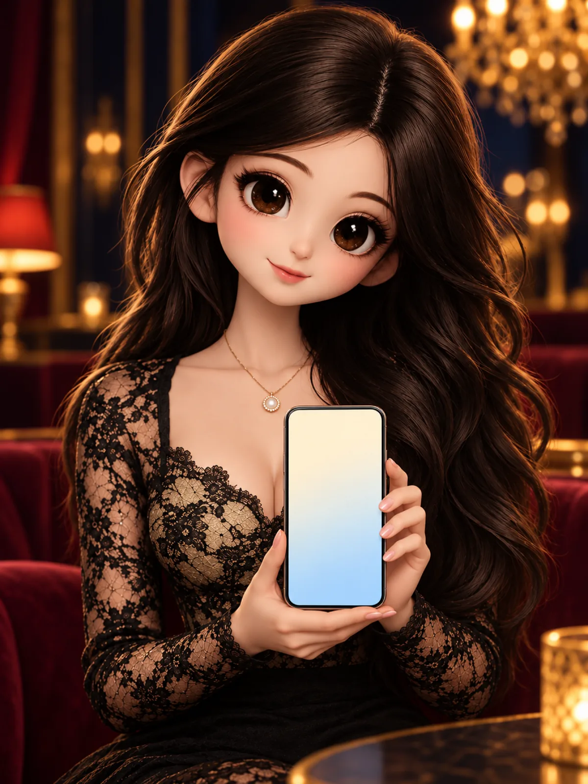 ホステスがスマホを持って正面を向いている(架空のイラスト)