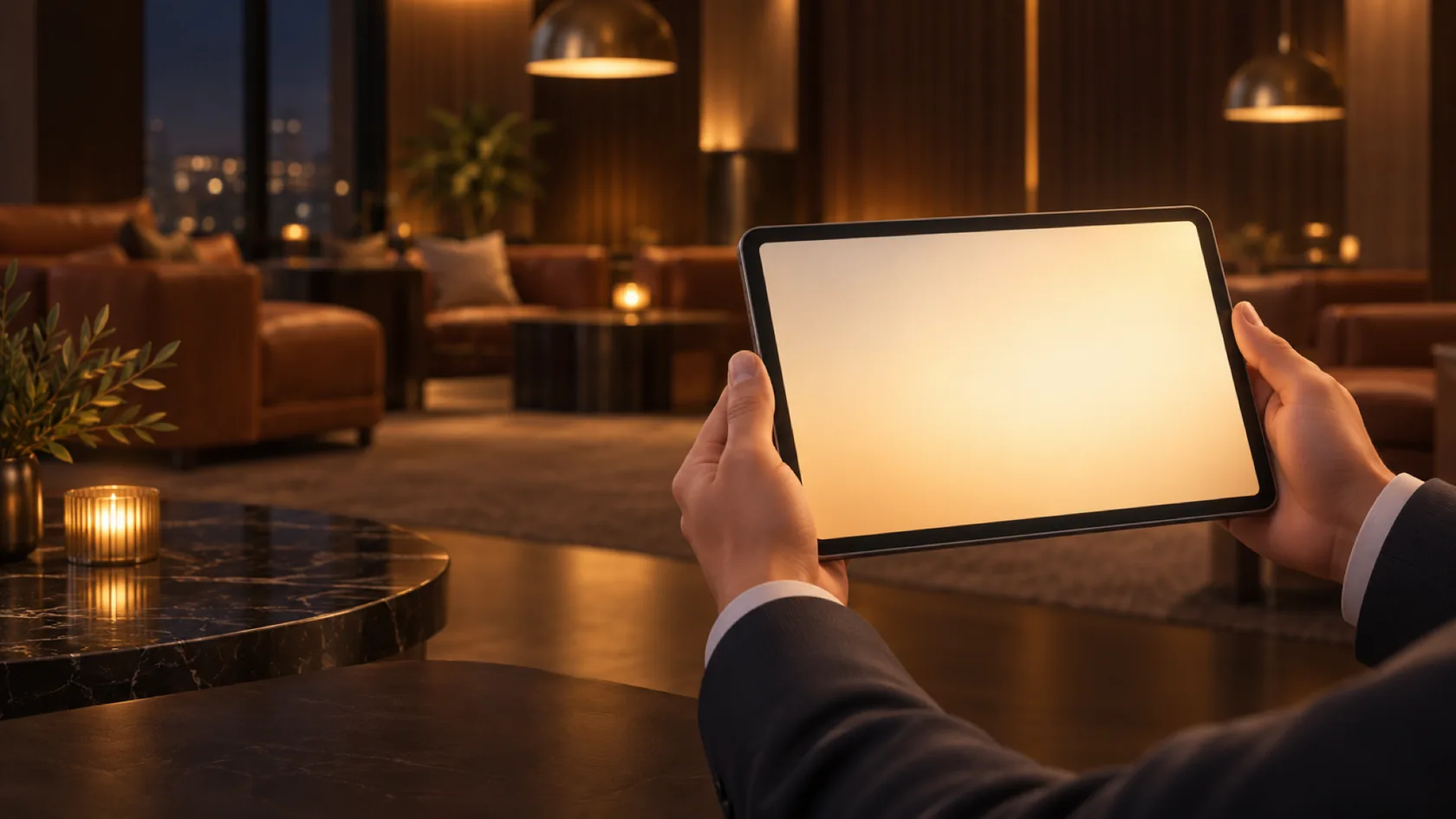 ラウンジの端でタブレットを持つ店長の手元（架空のイラスト）