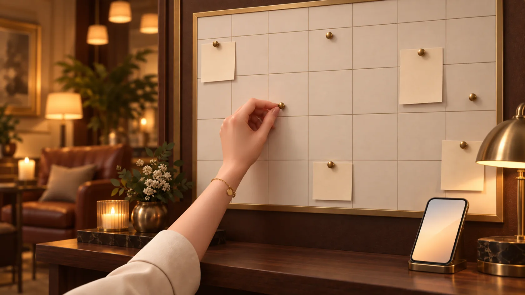数字のない壁掛けカレンダーにブラスのピンを刺す手（架空のイラスト）