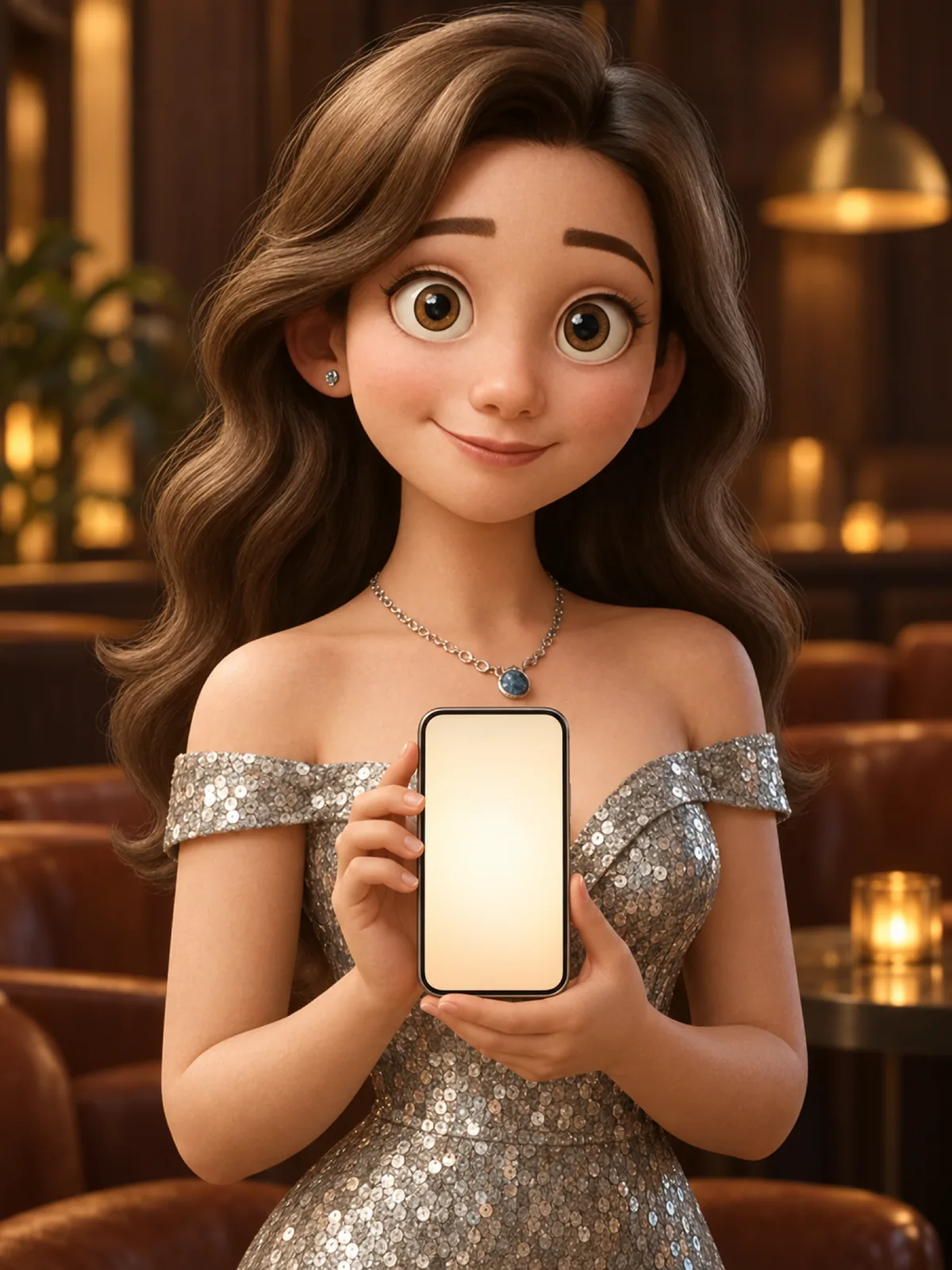 キャストがスマホを持って正面を向いている（架空のイラスト）